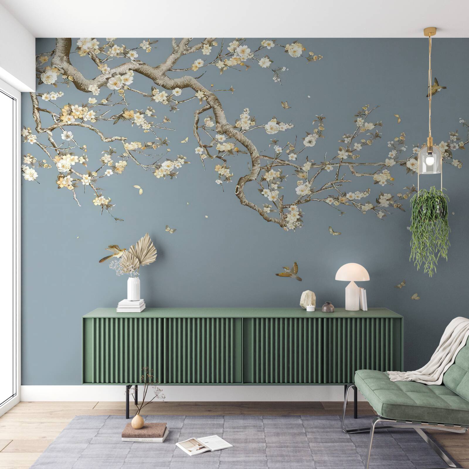 Papier peint tronc avec petites fleurs