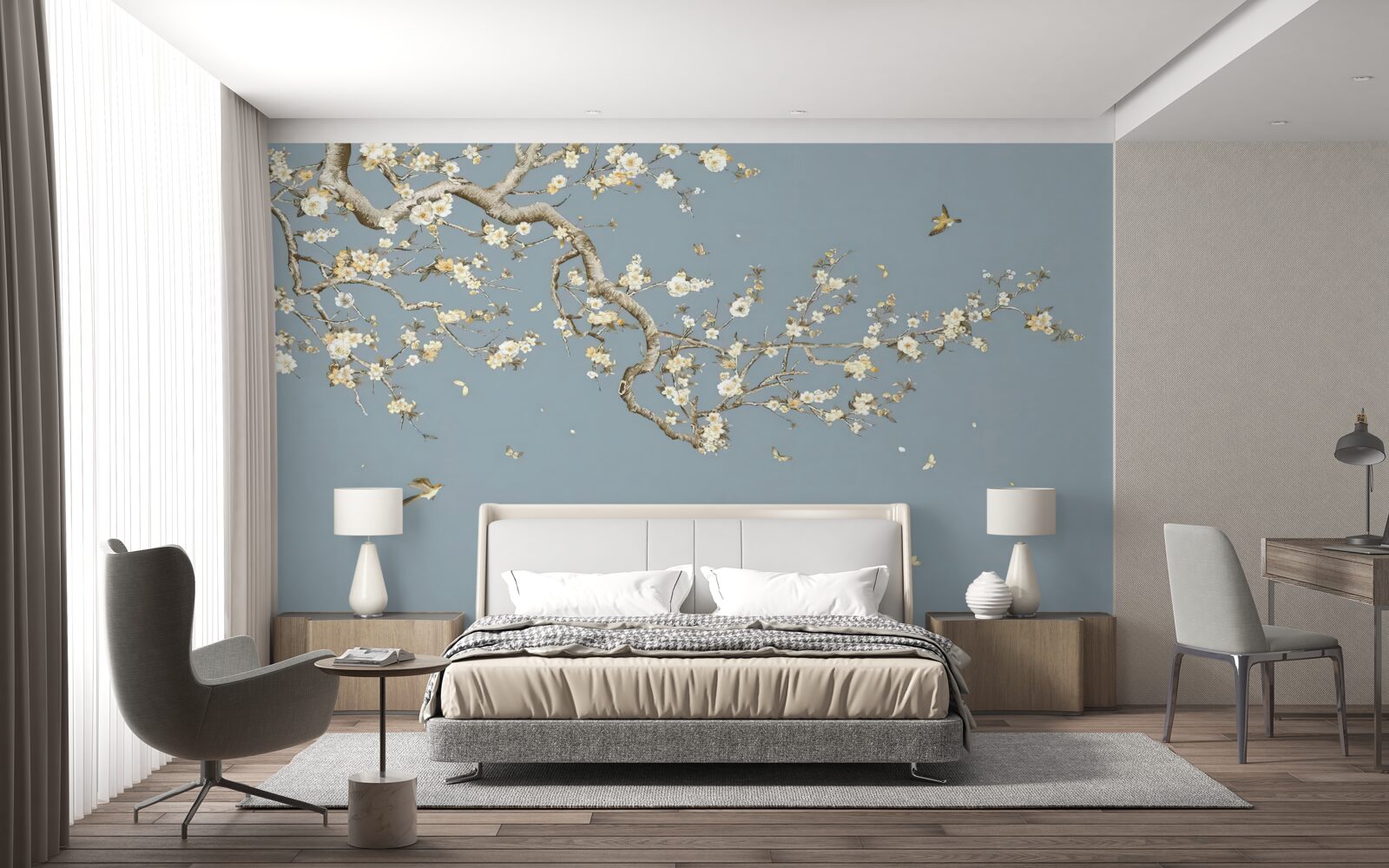 Papier peint tronc avec petites fleurs