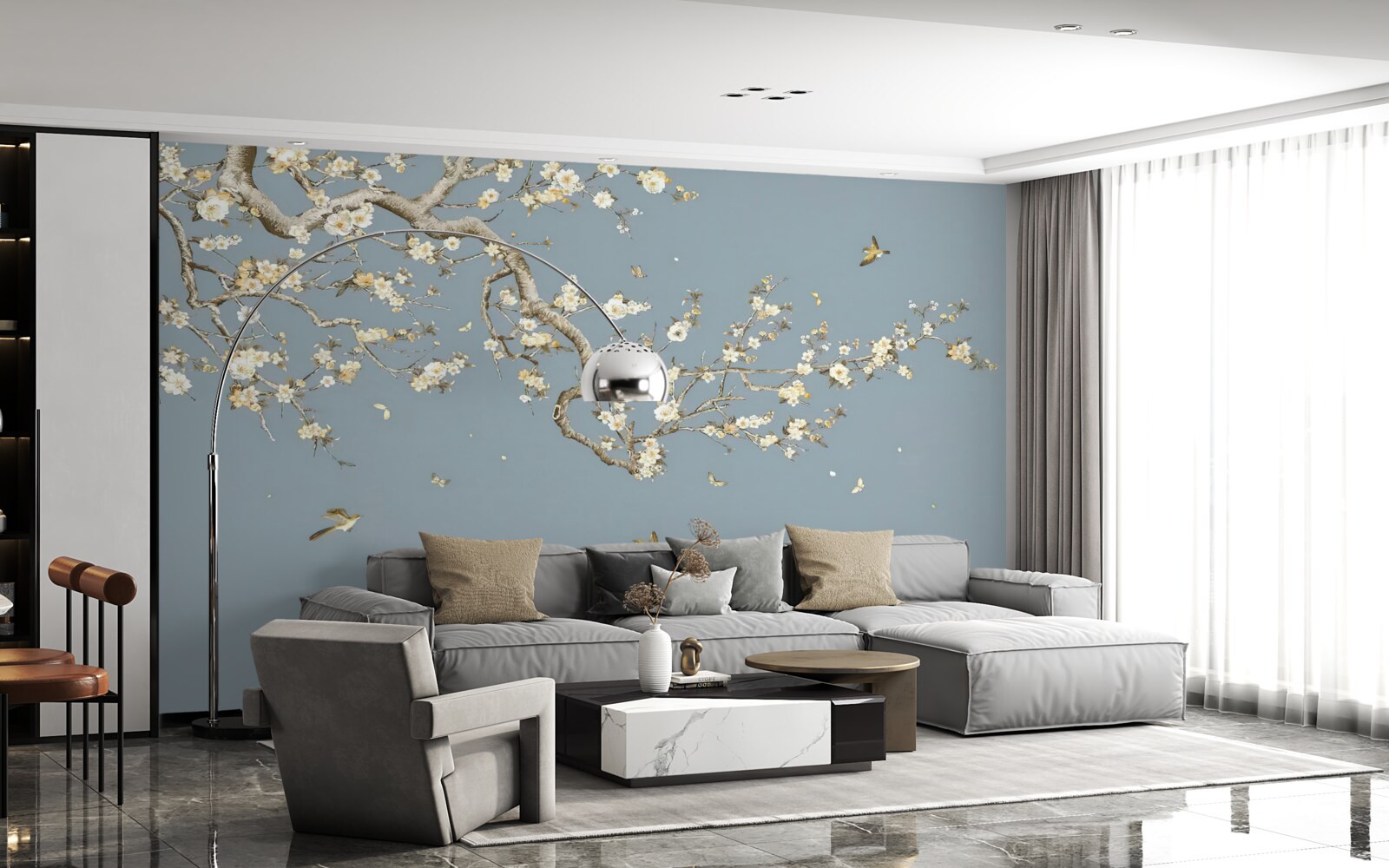 Papier peint tronc avec petites fleurs