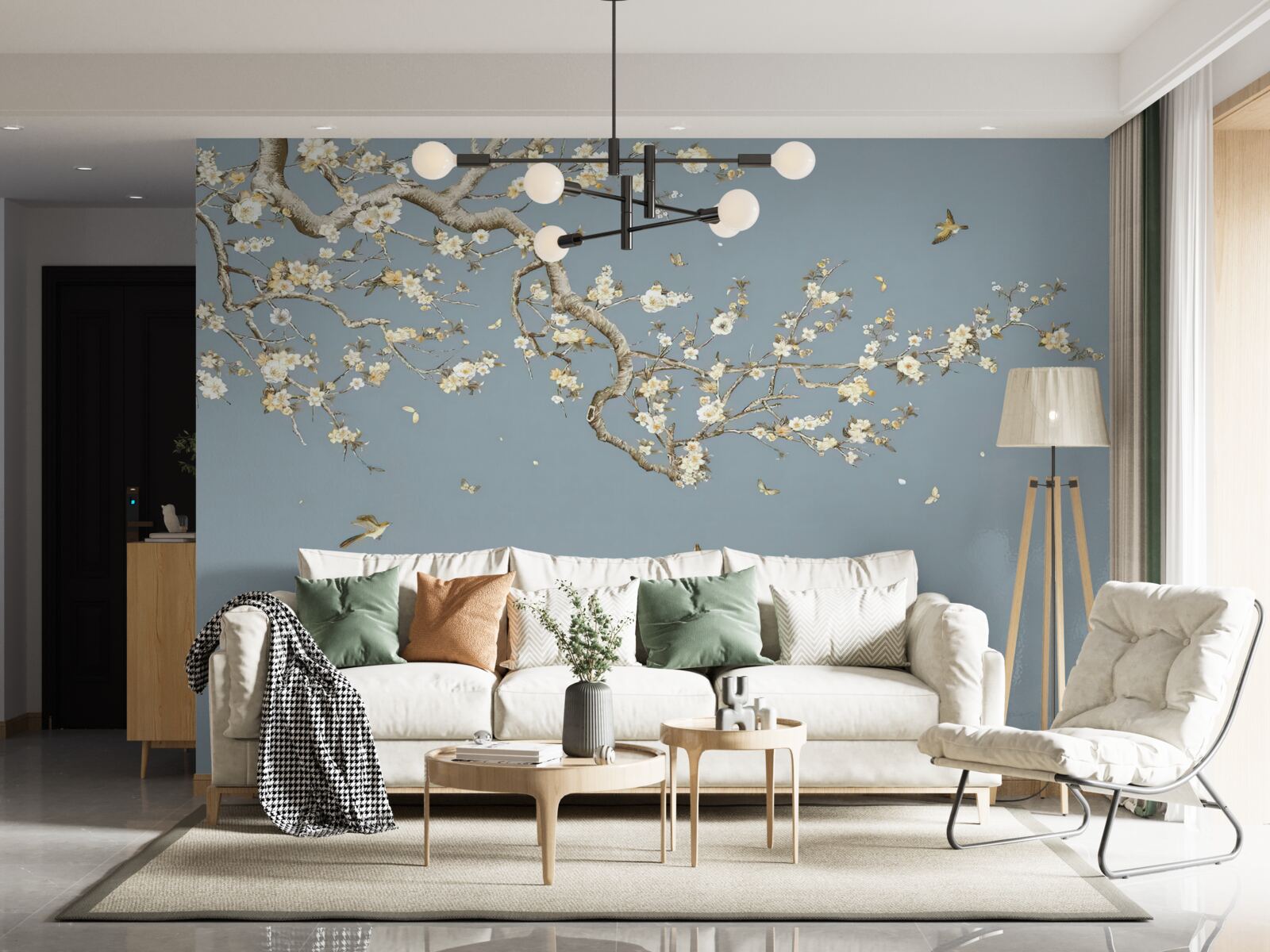 Papier peint tronc avec petites fleurs