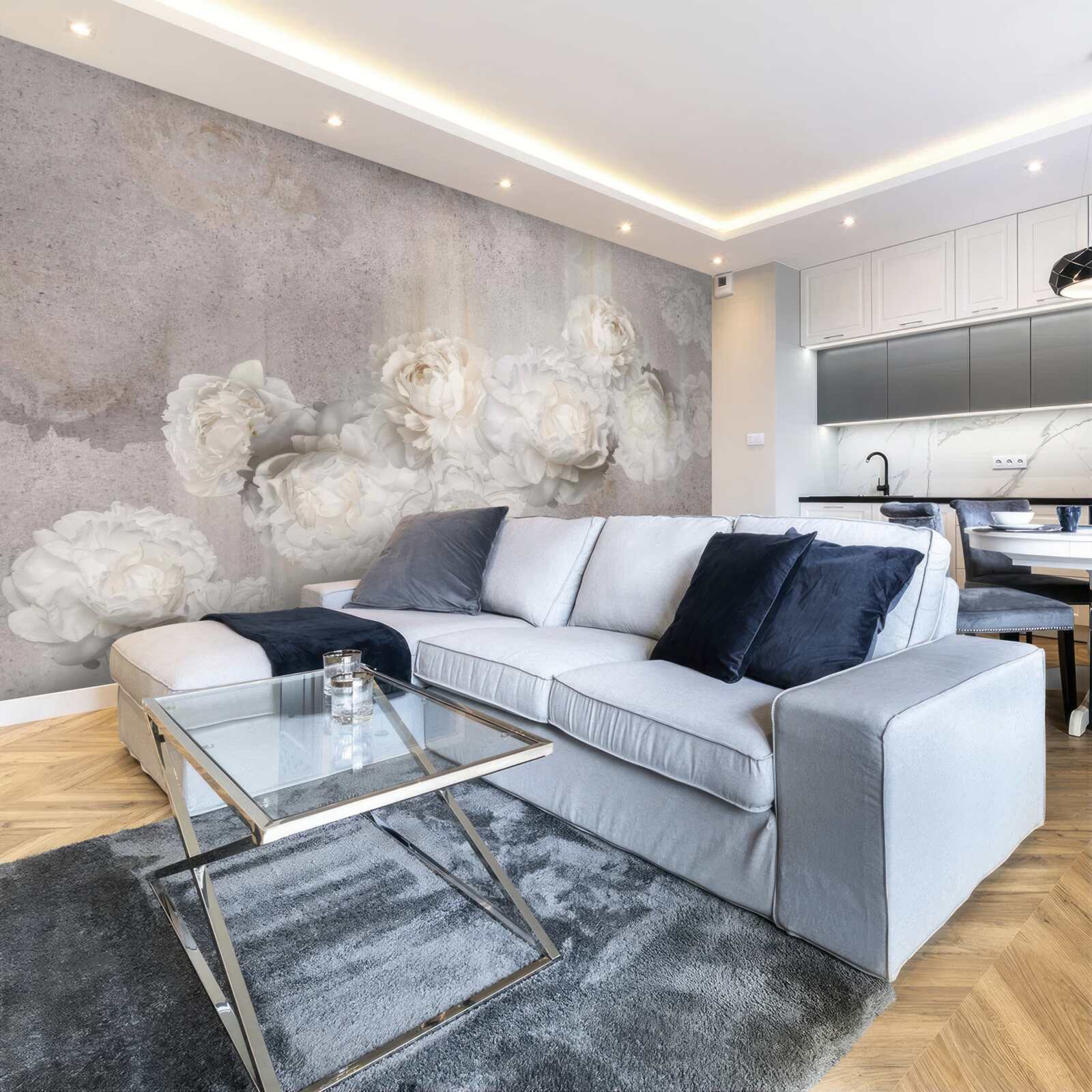 Papier peint grandes fleurs blanches