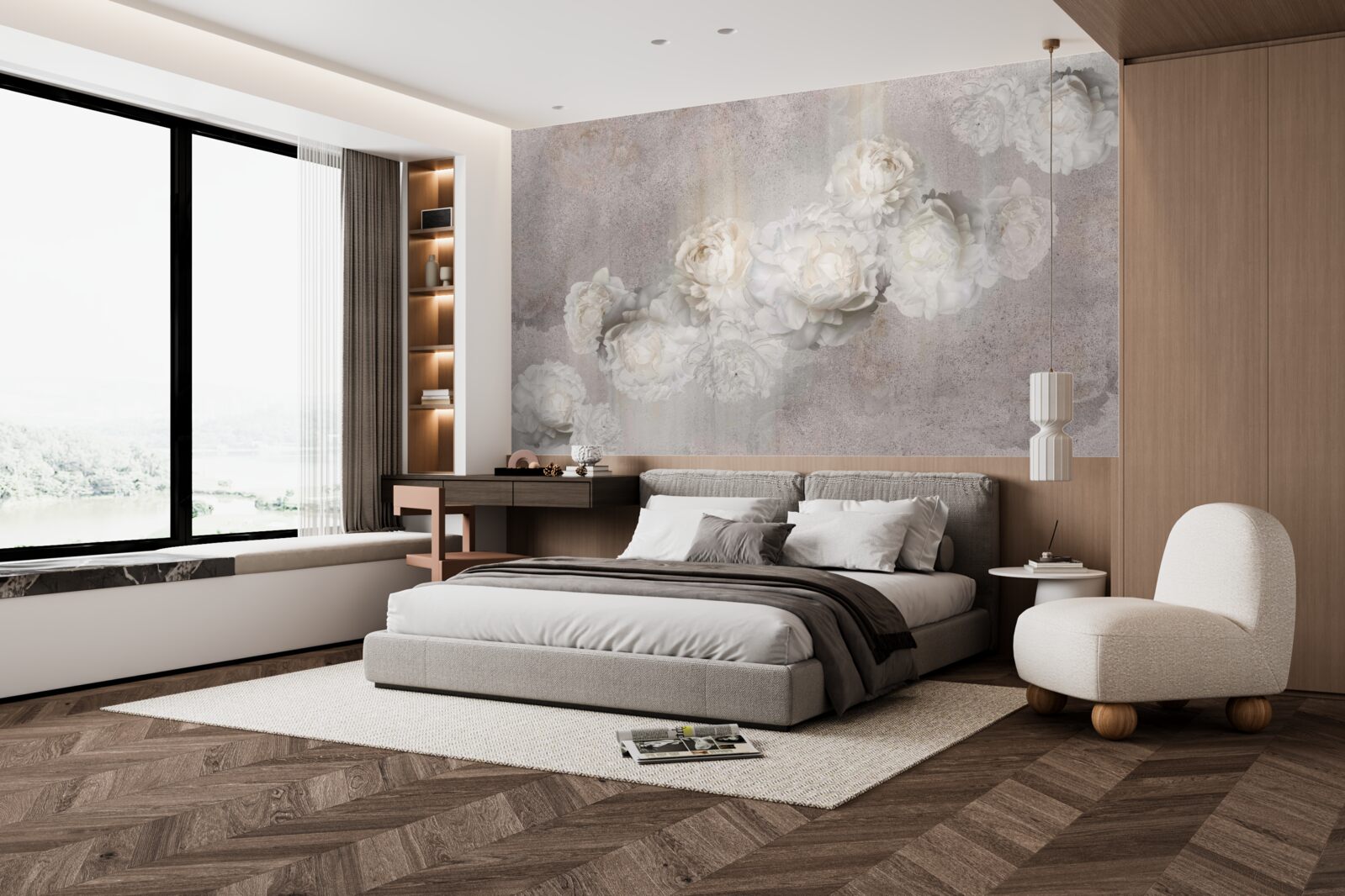 Papier peint grandes fleurs blanches