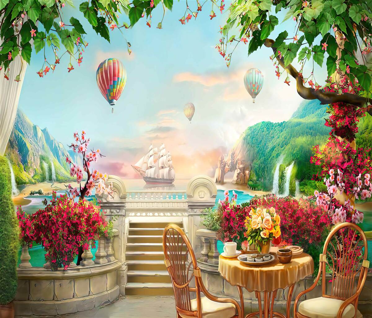 Papier peint repas du matin en plein air avec une vue magnifique