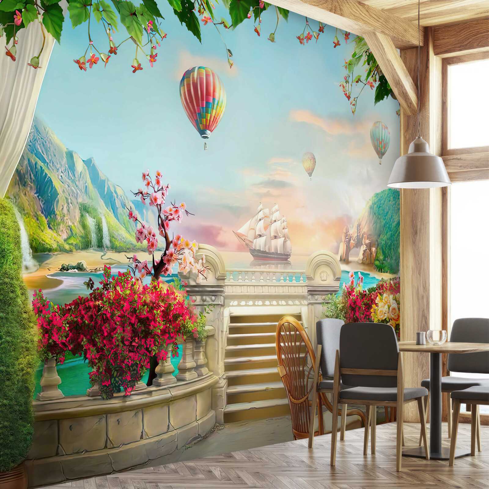 Papier peint repas du matin en plein air avec une vue magnifique