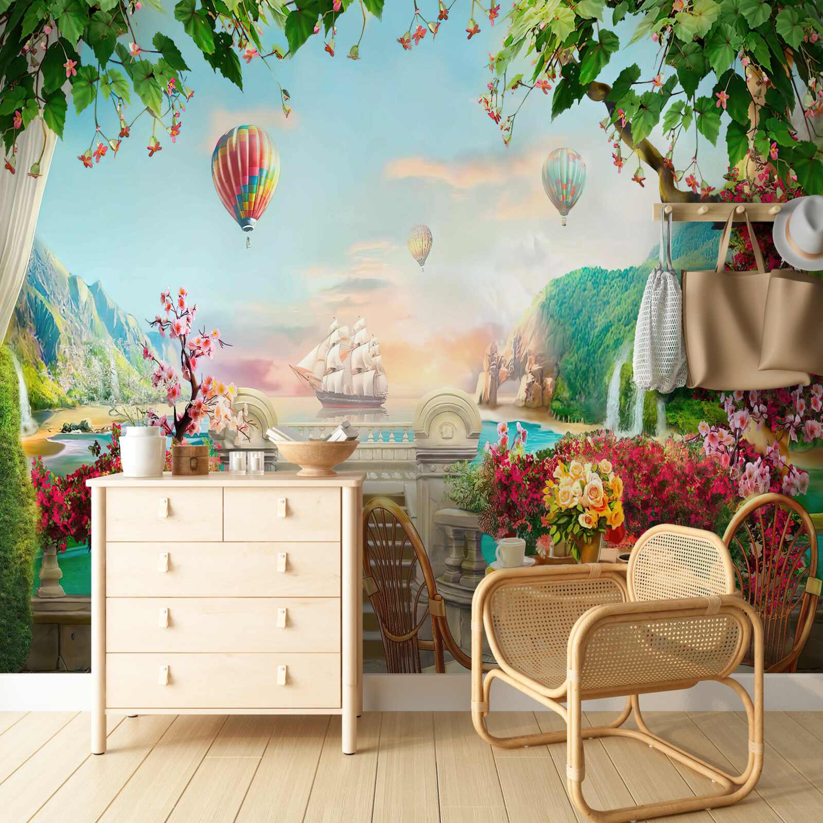 Papier peint repas du matin en plein air avec une vue magnifique