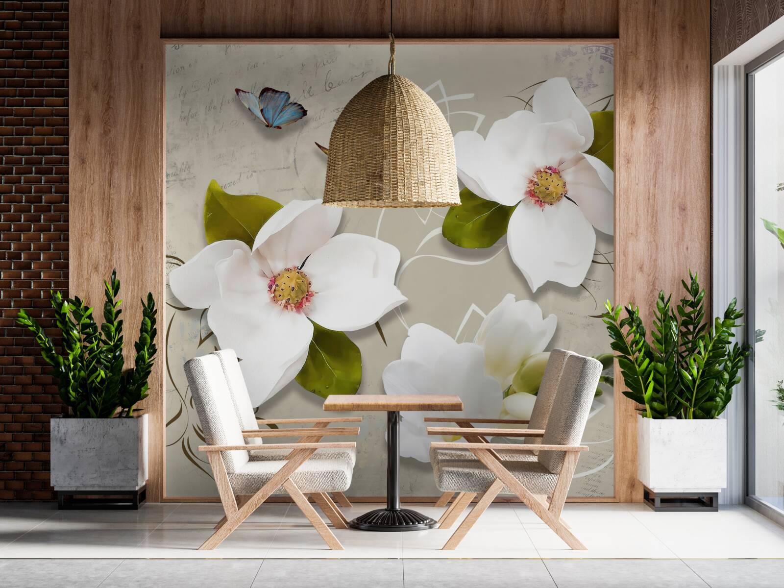 Papier peint deux papillons et des fleurs blanches