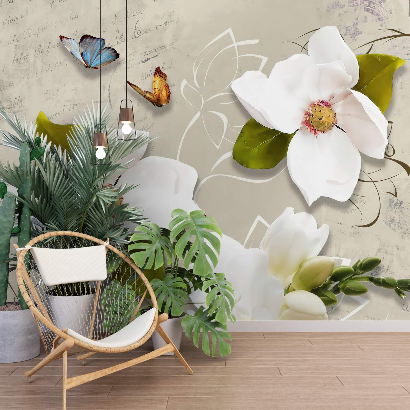 Papier peint deux papillons et des fleurs blanches