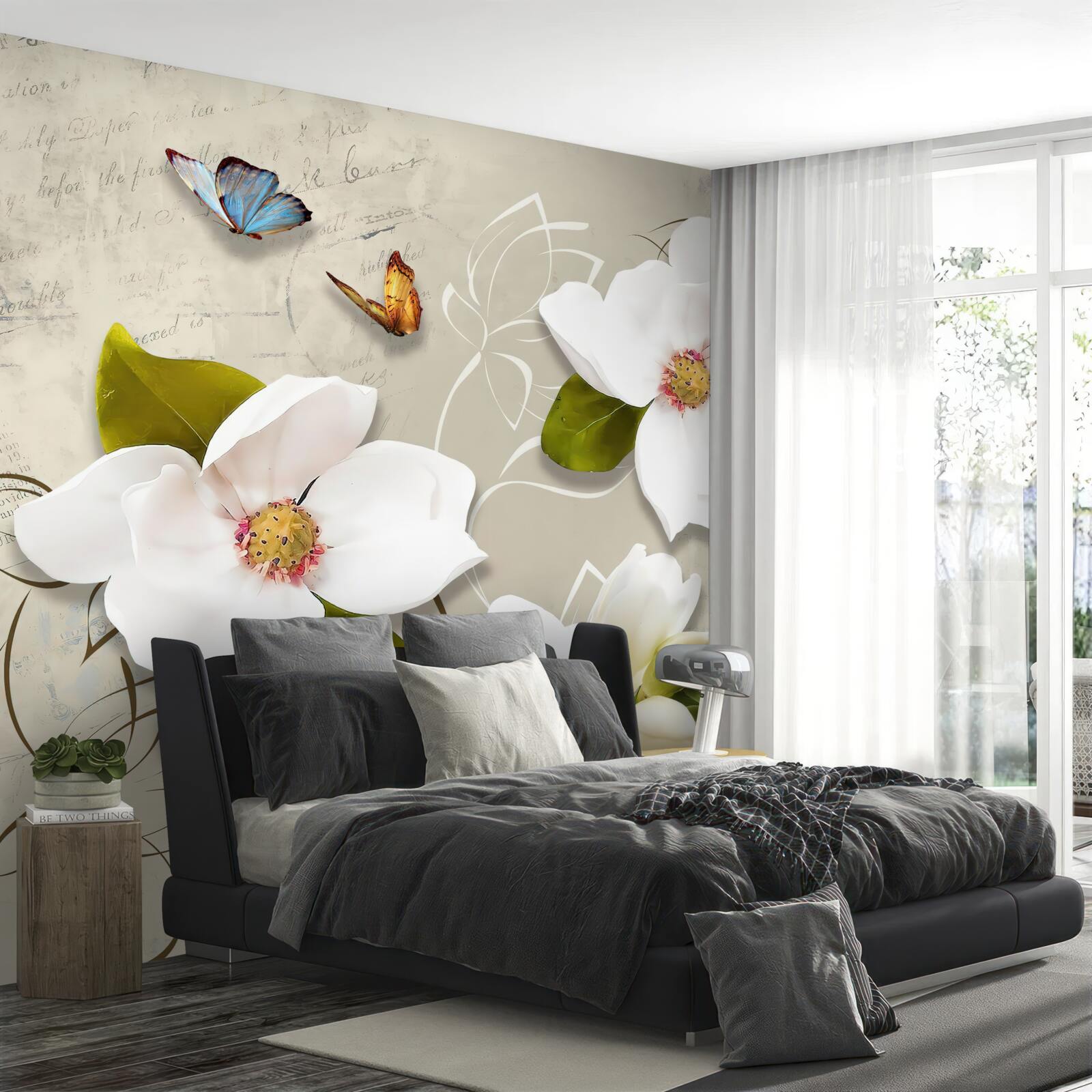 Papier peint deux papillons et des fleurs blanches