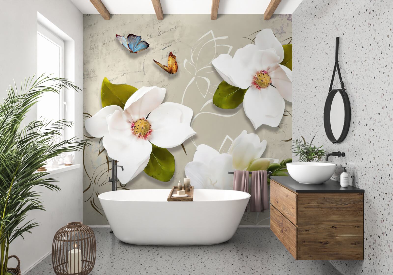 Papier peint deux papillons et des fleurs blanches