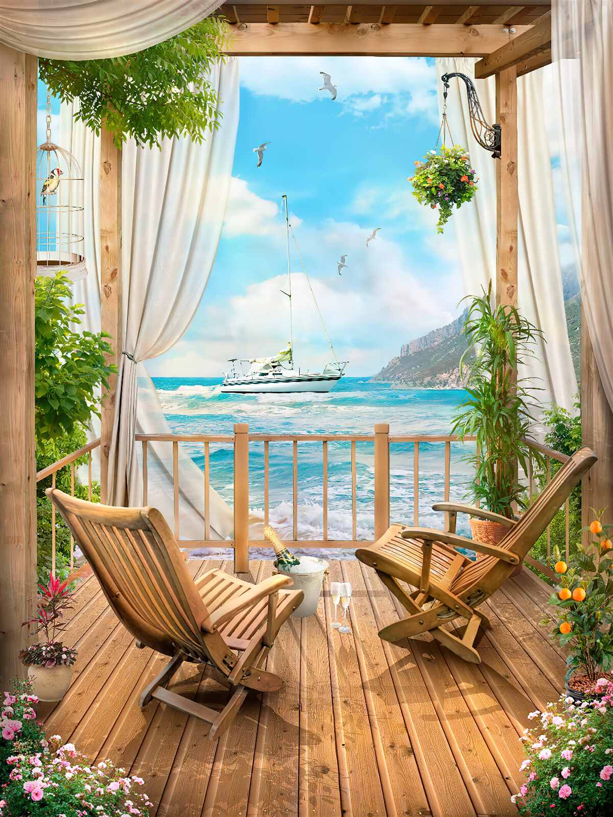 Papier peint chaises sur la terrasse avec un paysage à couper le souffle