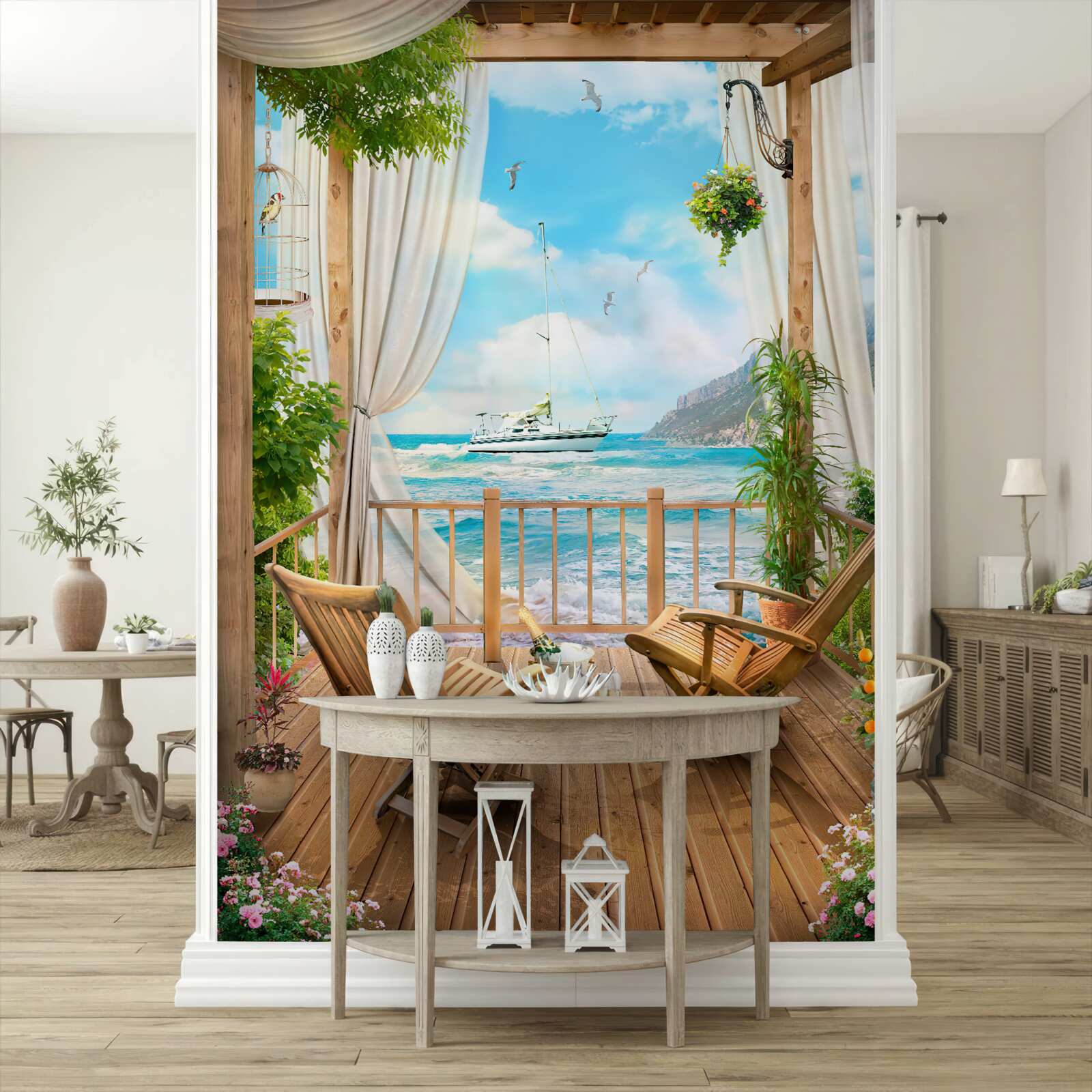 Papier peint chaises sur la terrasse avec un paysage à couper le souffle