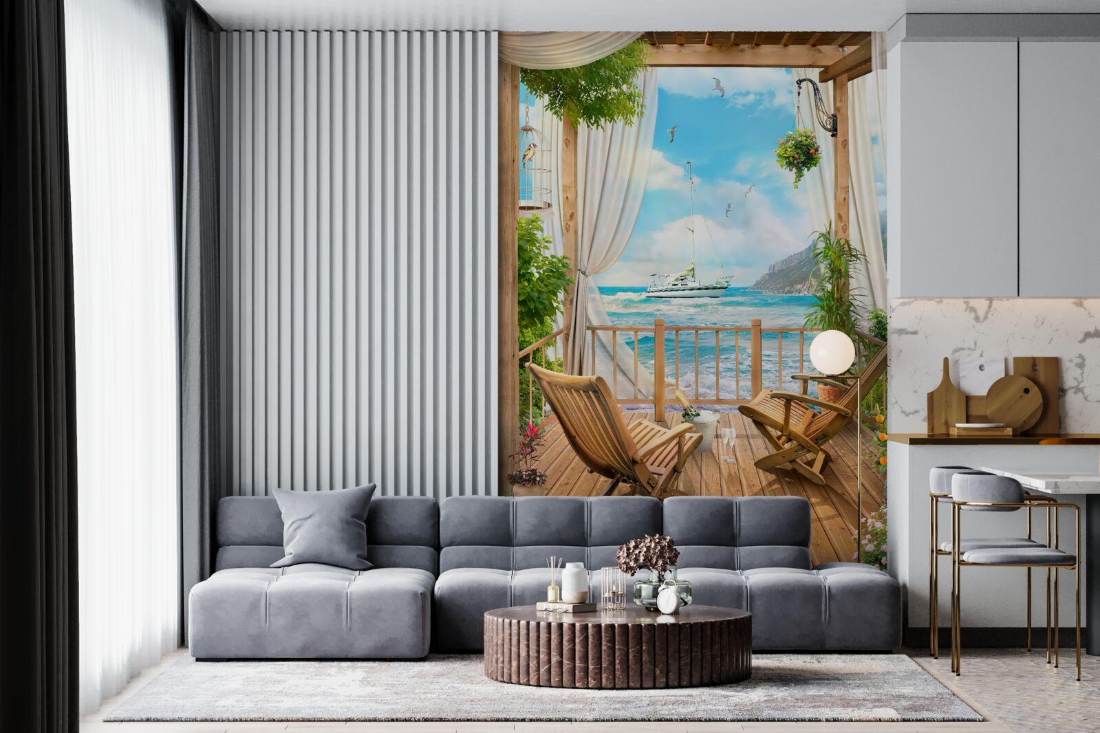 Papier peint chaises sur la terrasse avec un paysage à couper le souffle