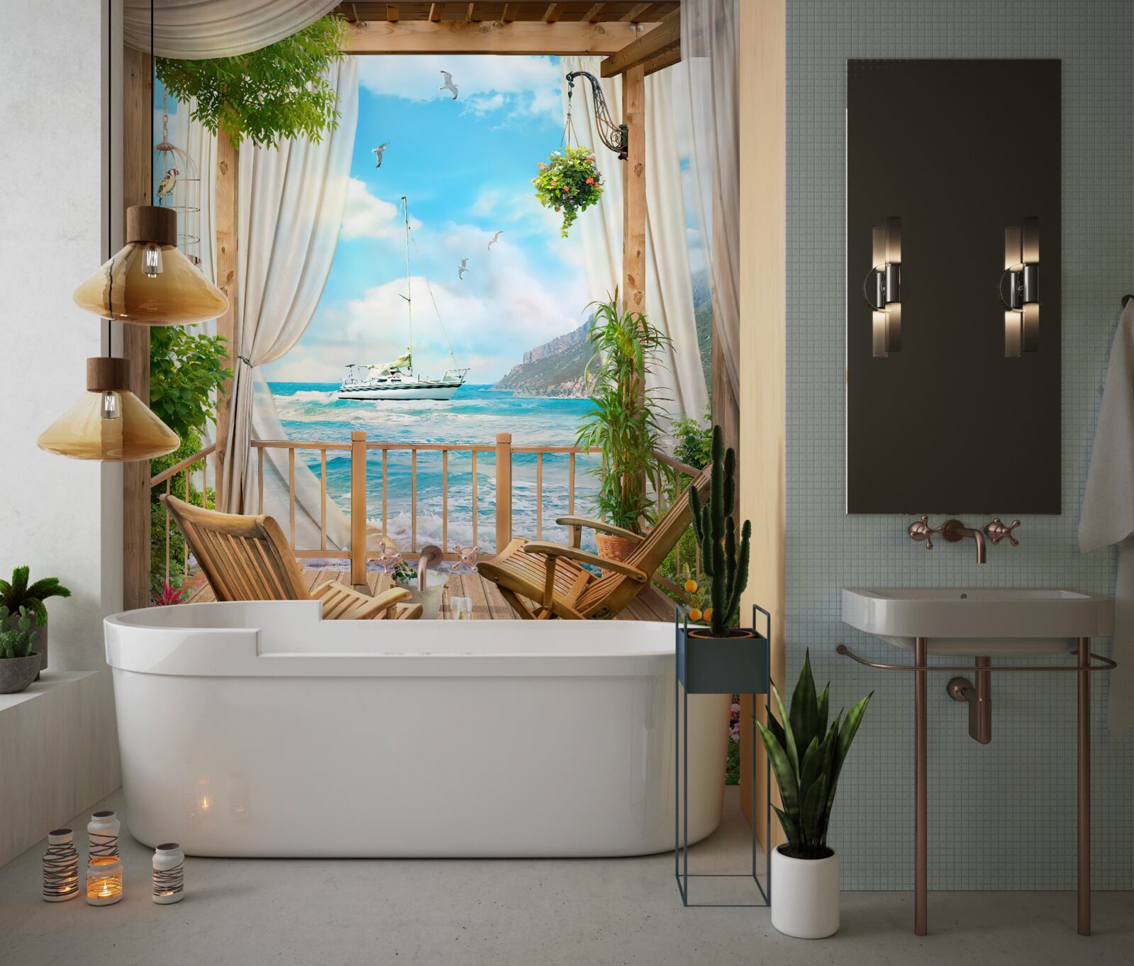 Papier peint chaises sur la terrasse avec un paysage à couper le souffle