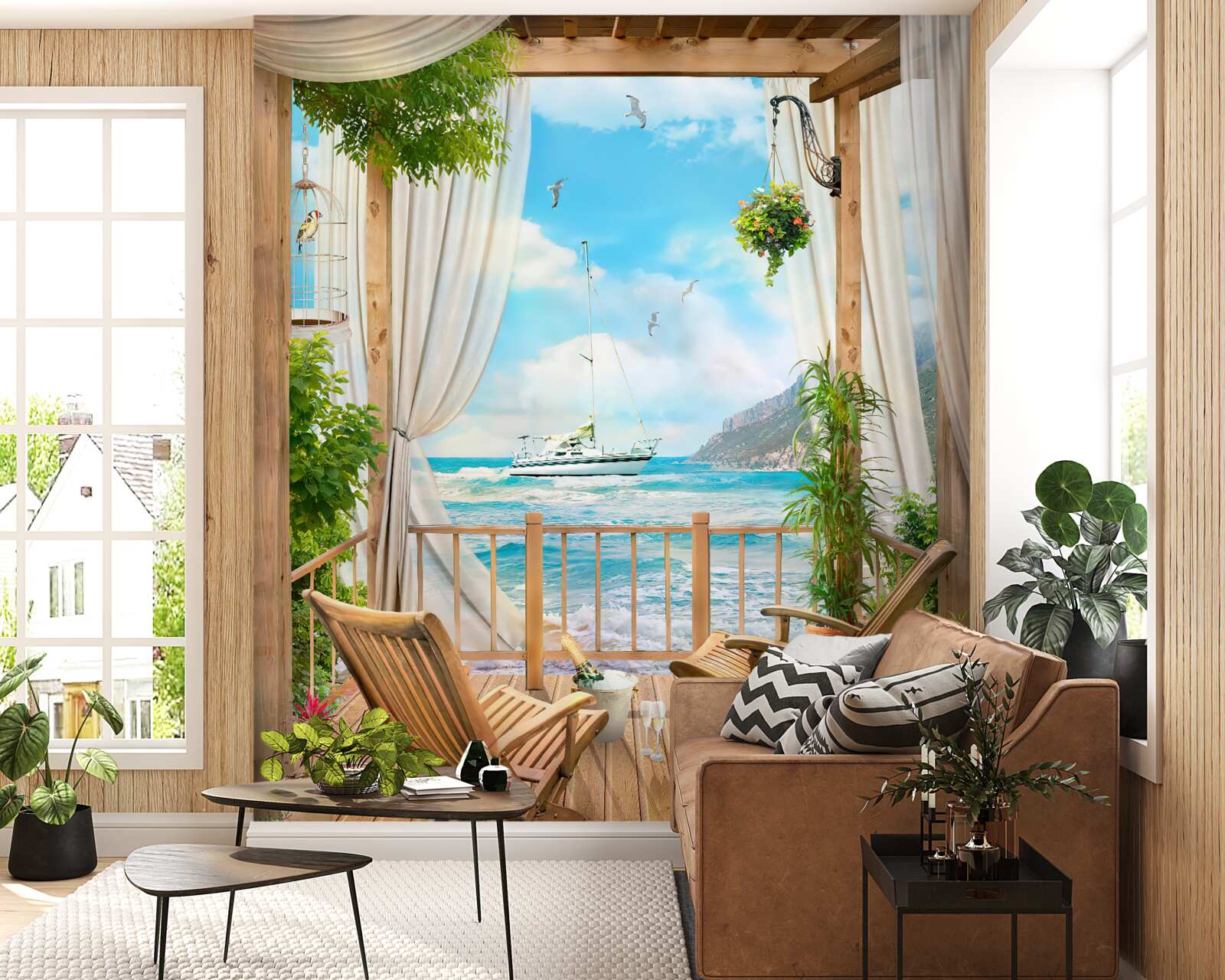 Papier peint chaises sur la terrasse avec un paysage à couper le souffle