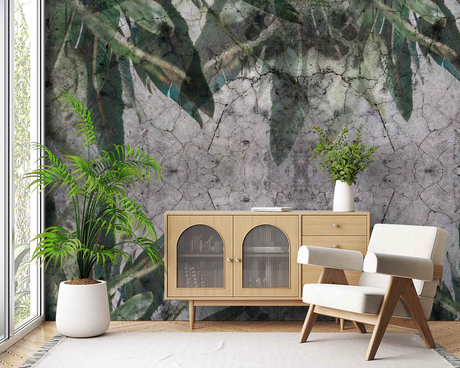 Papier peint Mur de feuilles en béton