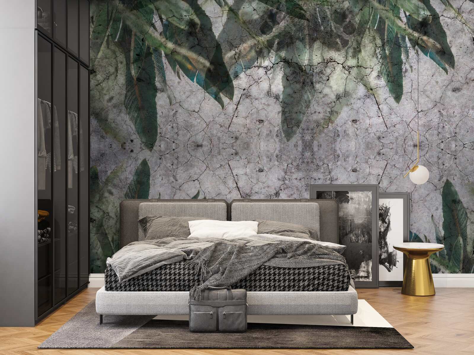 Papier peint Mur de feuilles en béton