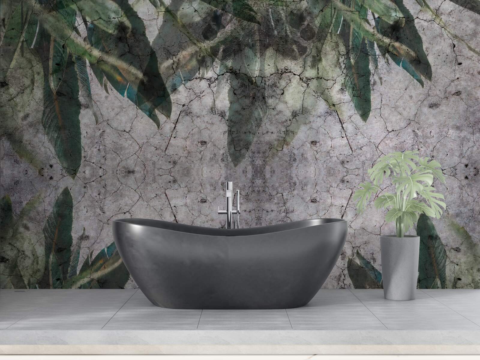 Papier peint Mur de feuilles en béton