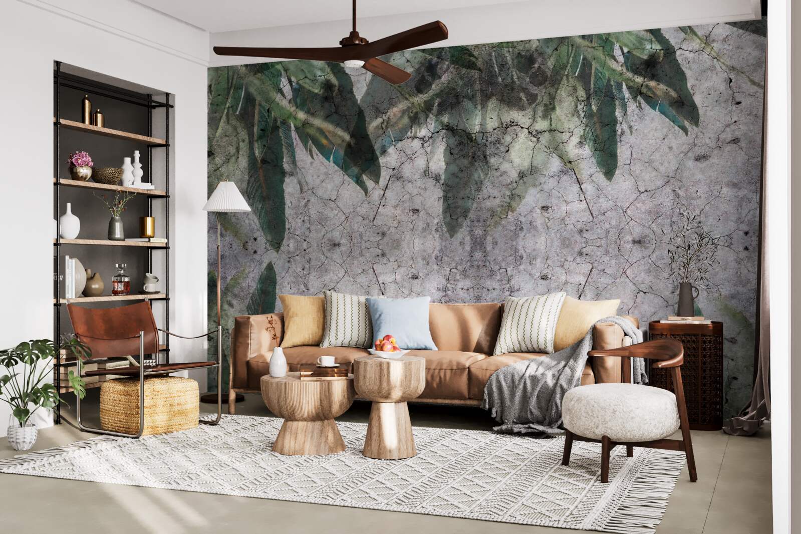 Papier peint Mur de feuilles en béton