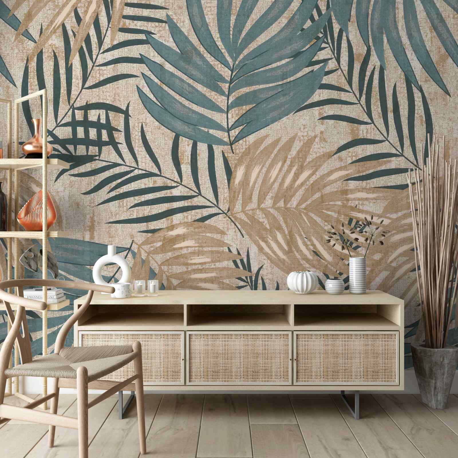 Papier peint feuilles brunes et vertes