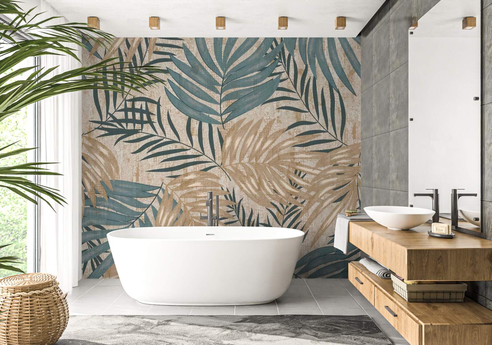 Papier peint feuilles brunes et vertes