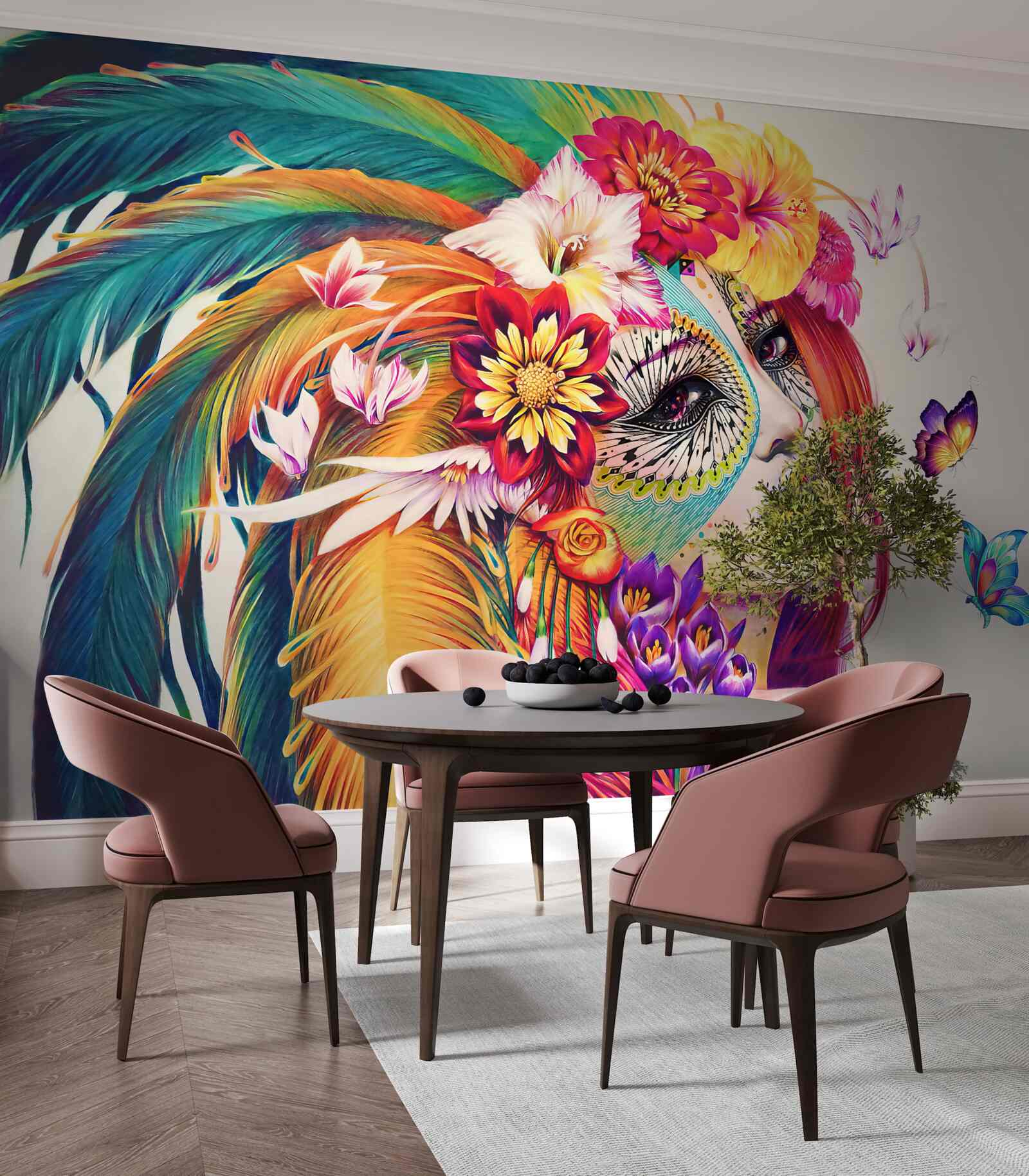 Papier peint fille avec des plumes brillantes et des fleurs dans les cheveux