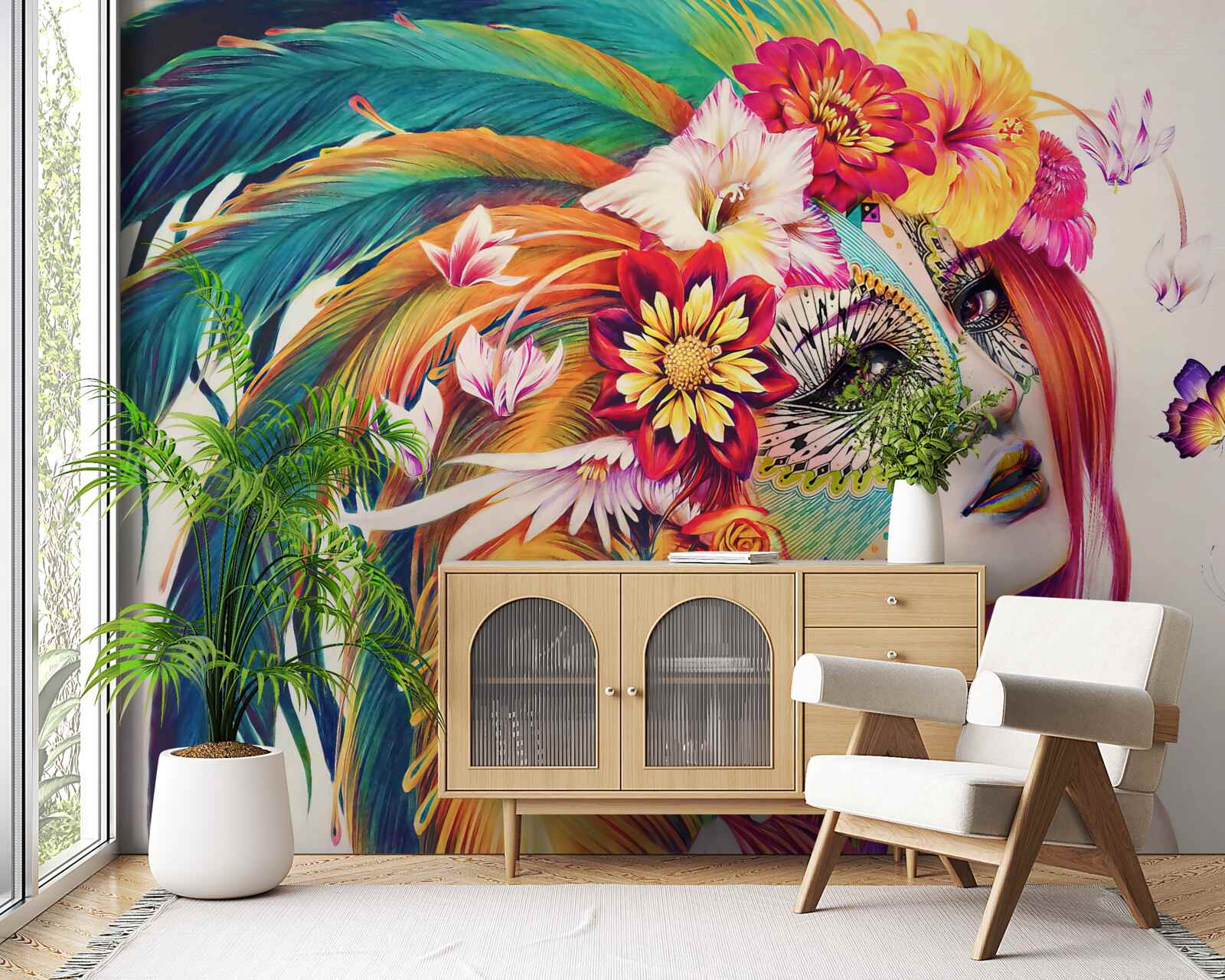 Papier peint fille avec des plumes brillantes et des fleurs dans les cheveux