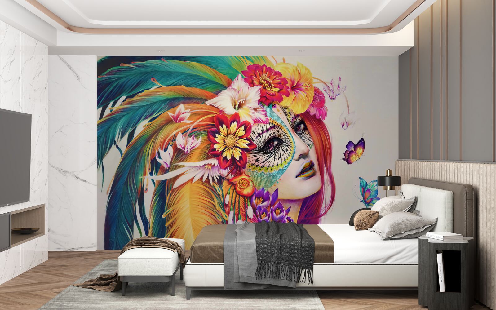 Papier peint fille avec des plumes brillantes et des fleurs dans les cheveux