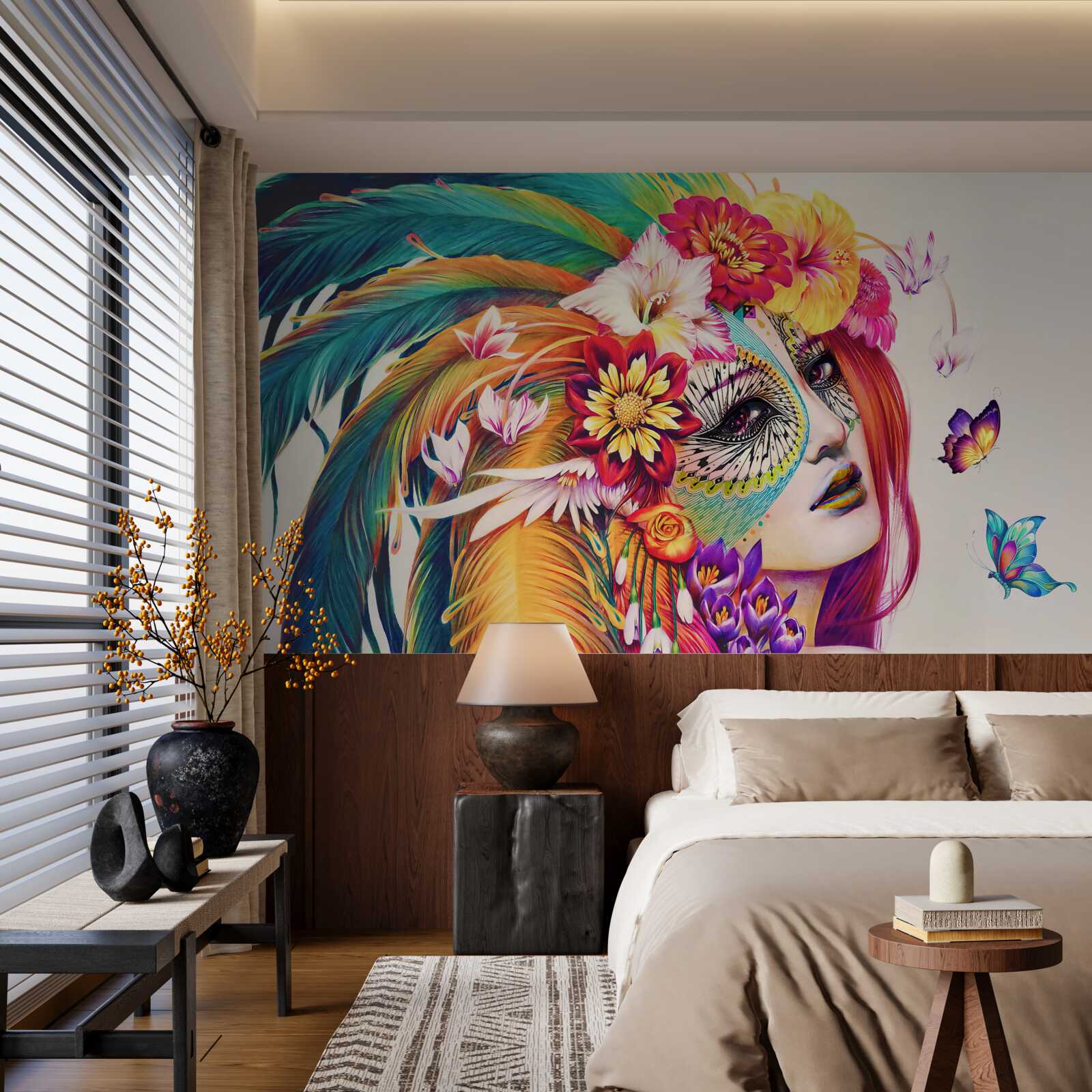 Papier peint fille avec des plumes brillantes et des fleurs dans les cheveux