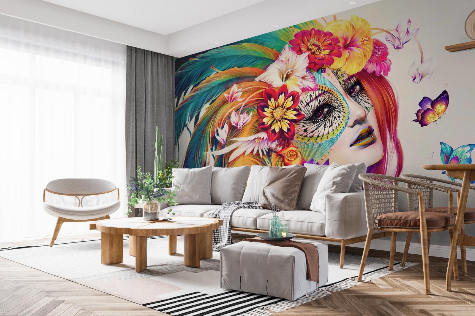 Papier peint fille avec des plumes brillantes et des fleurs dans les cheveux