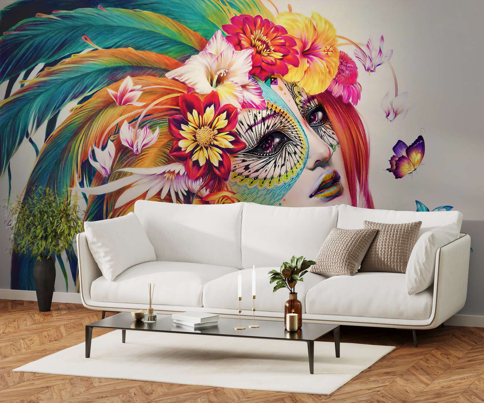 Papier peint fille avec des plumes brillantes et des fleurs dans les cheveux