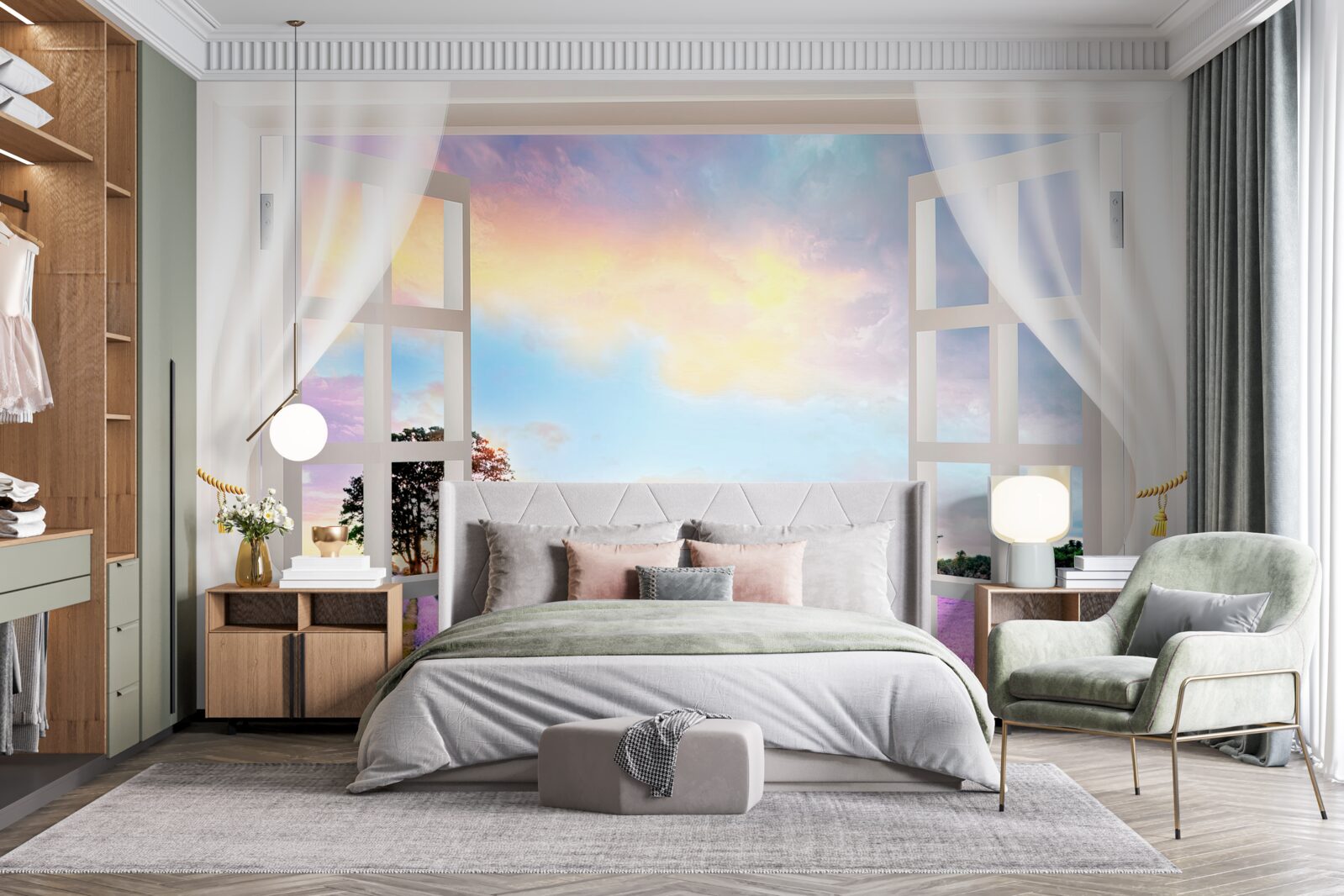 Papier peint panorama d'un champ de lavande depuis la fenêtre