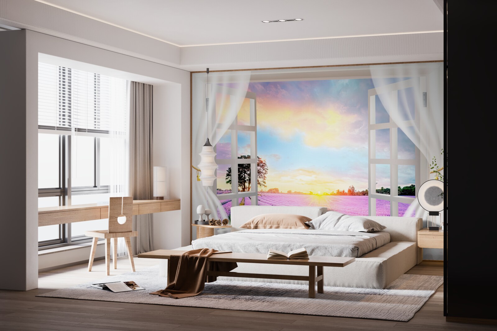 Papier peint panorama d'un champ de lavande depuis la fenêtre