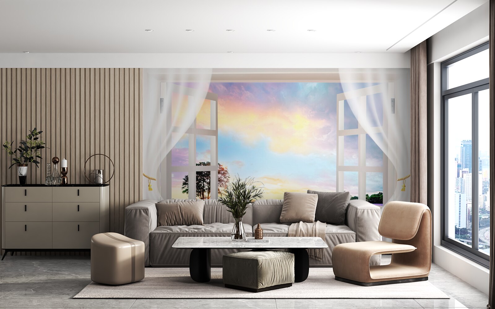 Papier peint panorama d'un champ de lavande depuis la fenêtre