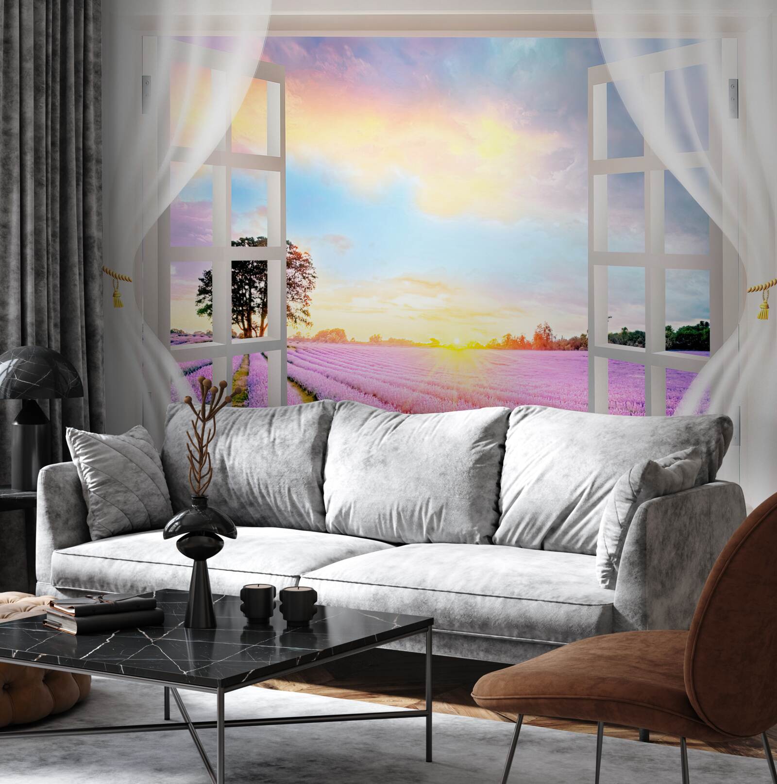 Papier peint panorama d'un champ de lavande depuis la fenêtre