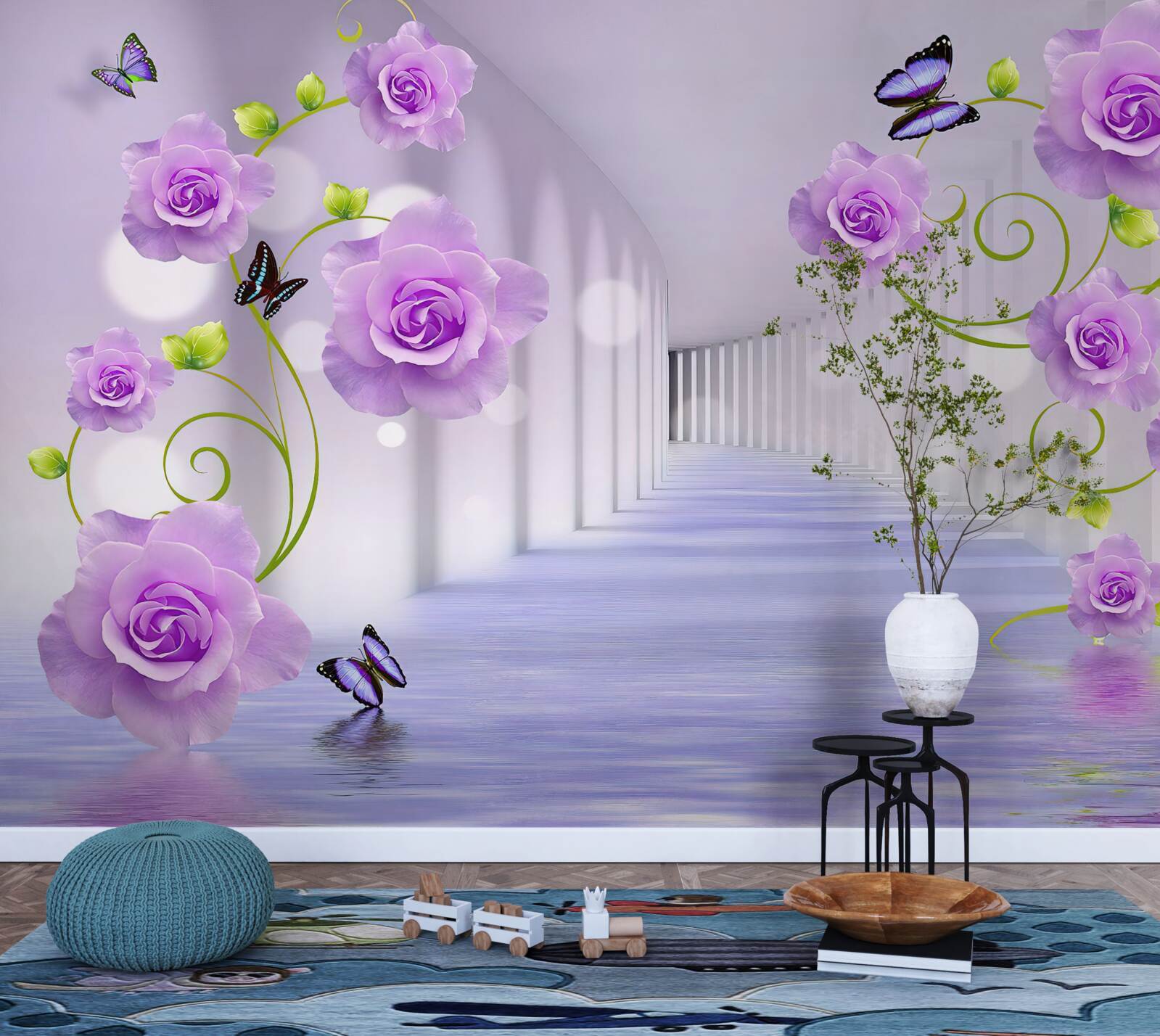 Papier peint long corridor et roses lilas