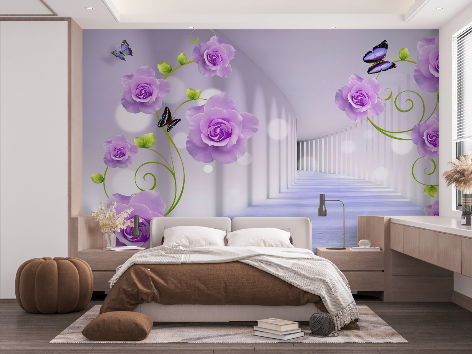 Papier peint long corridor et roses lilas