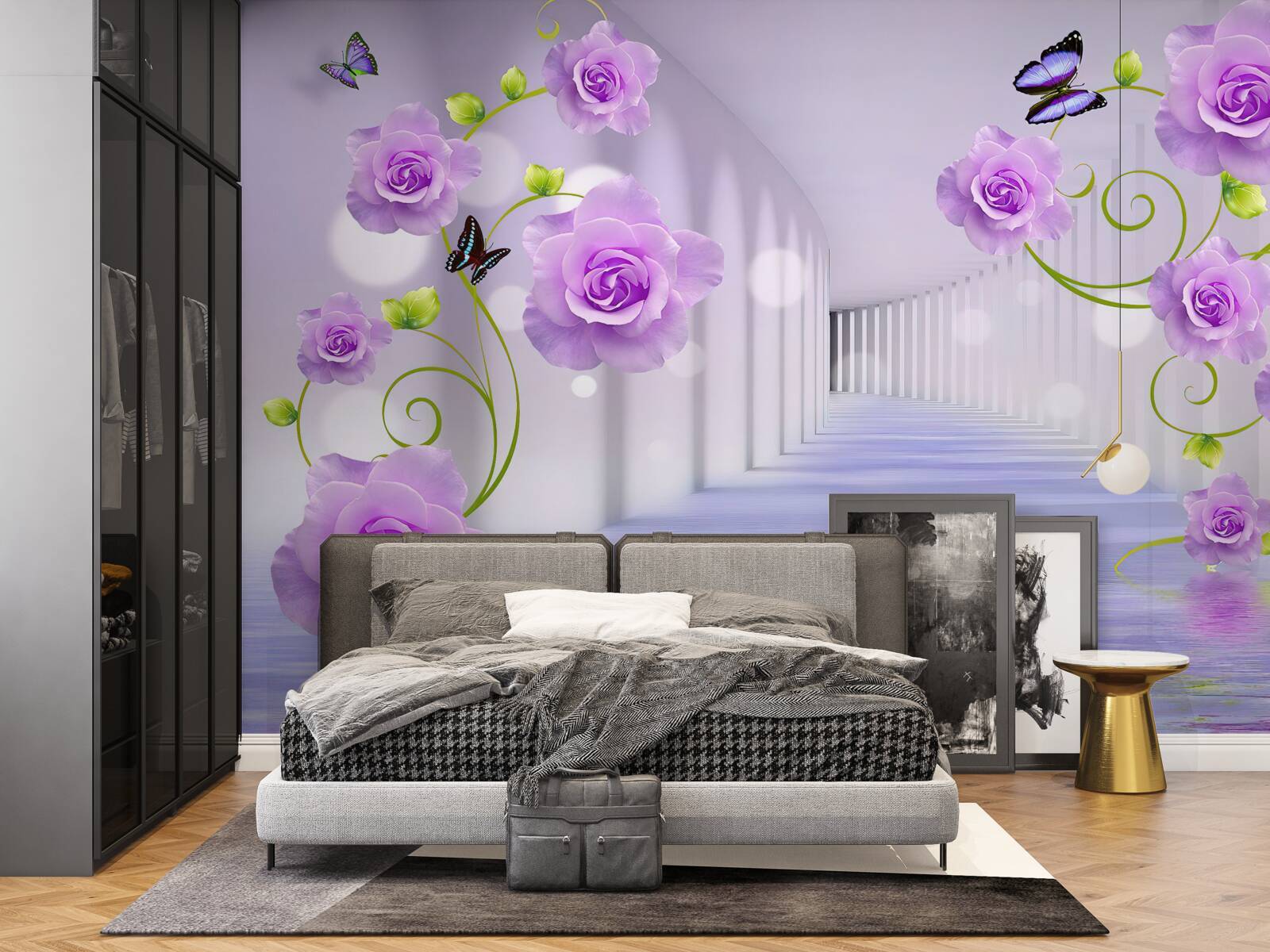 Papier peint long corridor et roses lilas