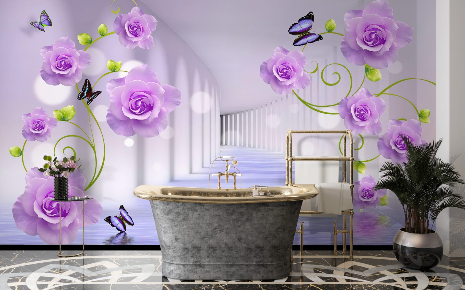 Papier peint long corridor et roses lilas