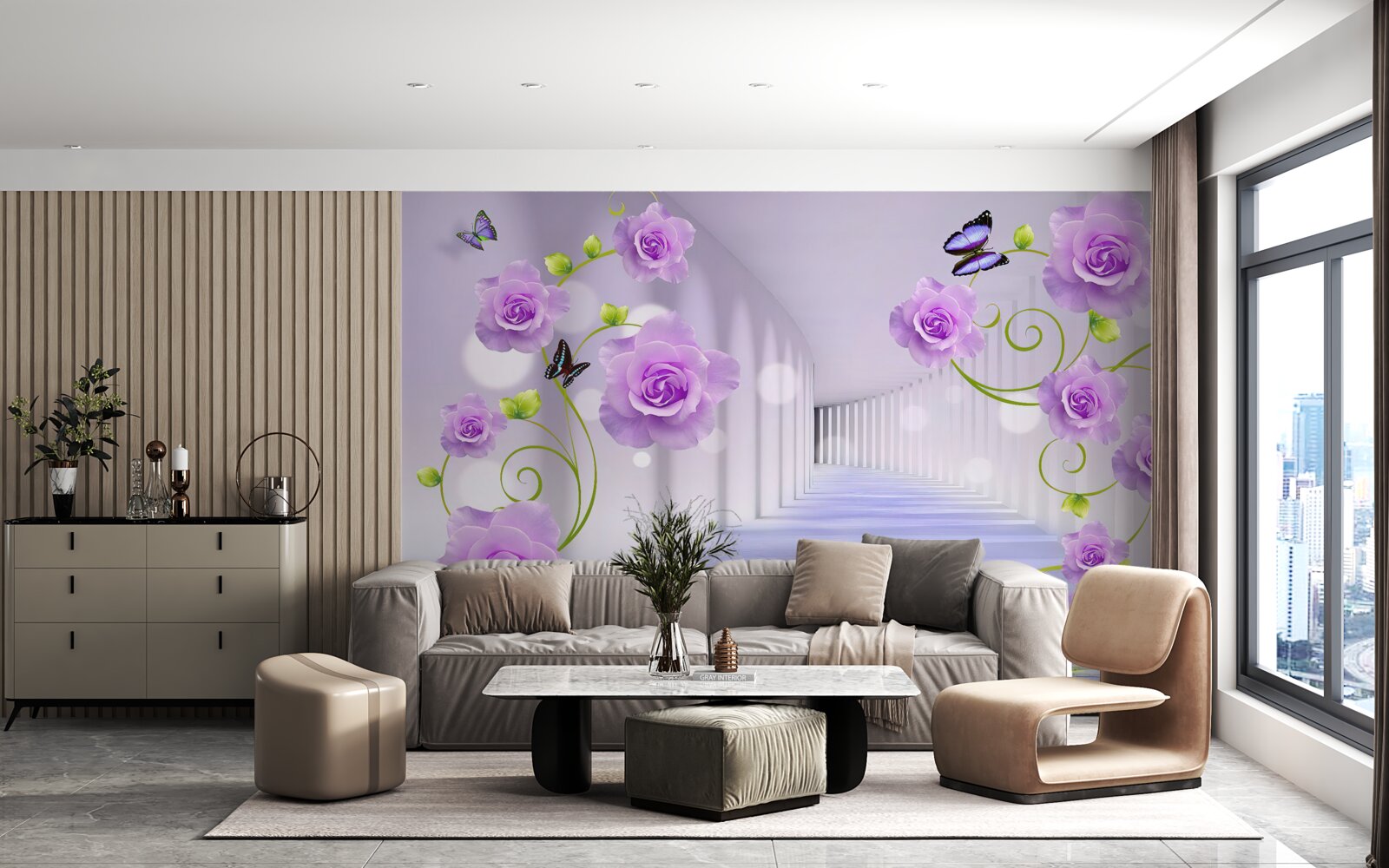 Papier peint long corridor et roses lilas