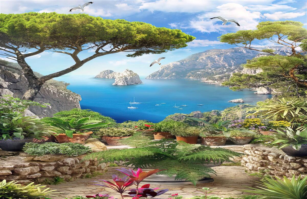 Papier peint prairie fleurie avec vue sur la ville et la mer