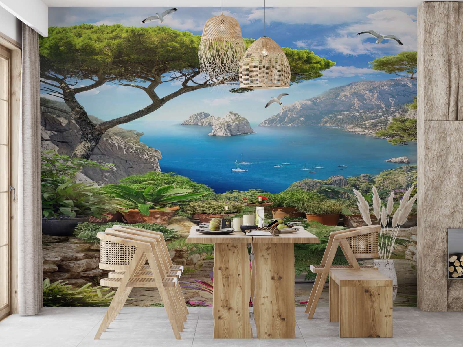 Papier peint prairie fleurie avec vue sur la ville et la mer