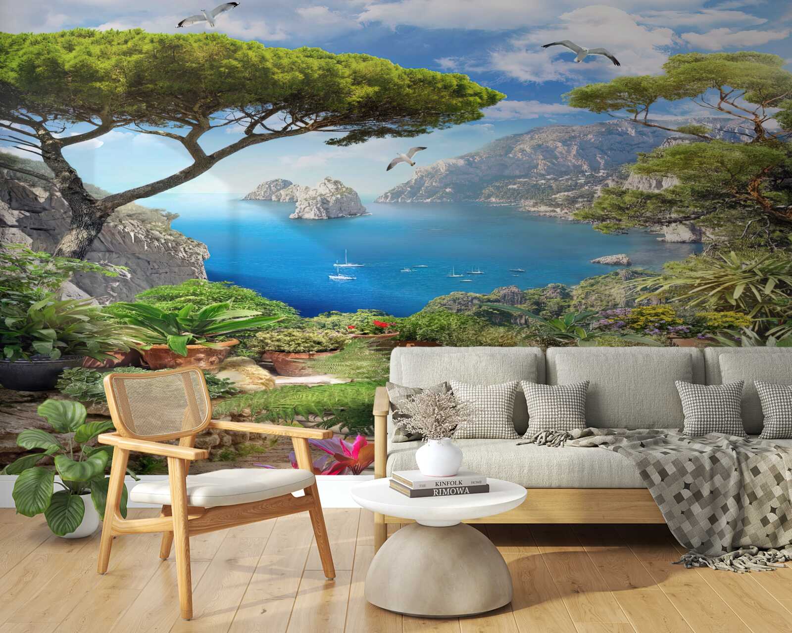 Papier peint prairie fleurie avec vue sur la ville et la mer