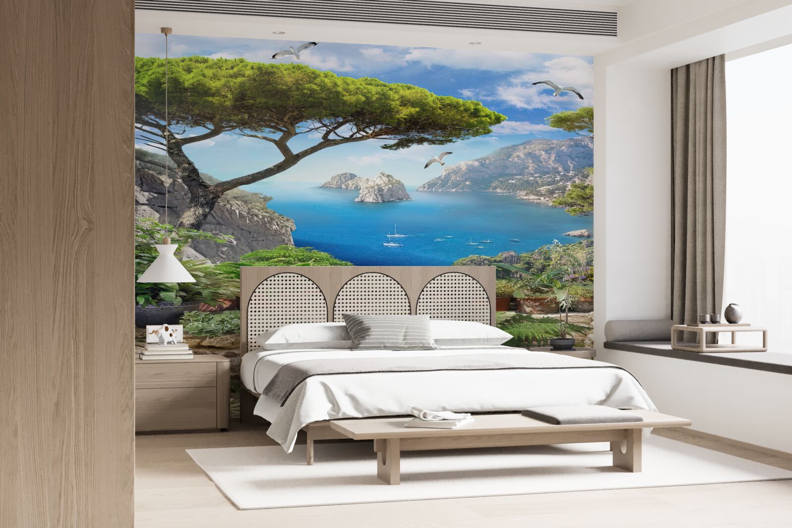 Papier peint prairie fleurie avec vue sur la ville et la mer