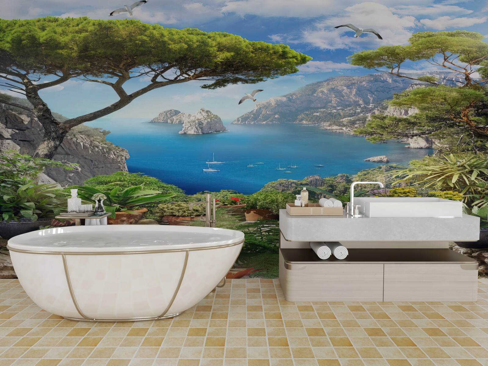 Papier peint prairie fleurie avec vue sur la ville et la mer