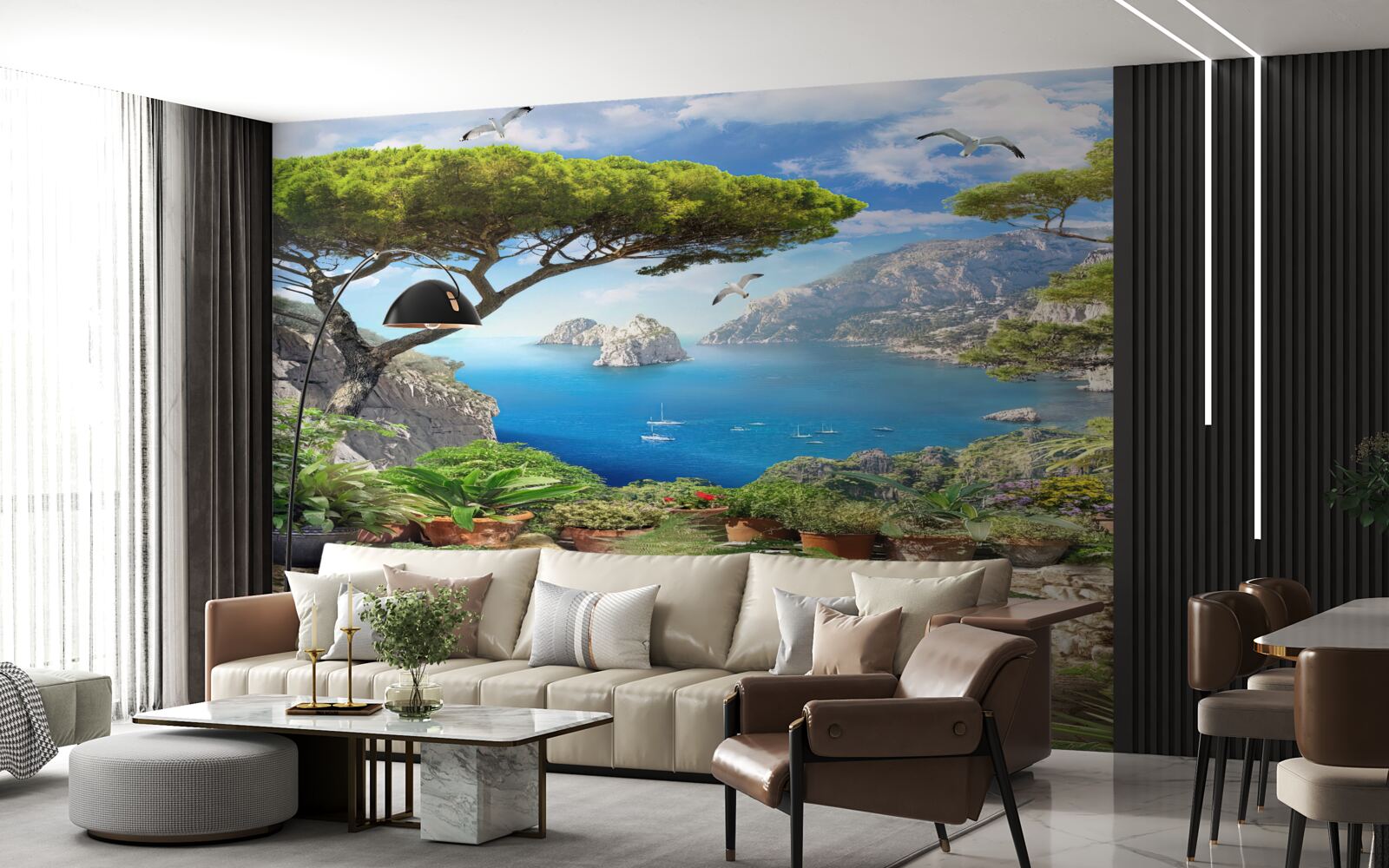 Papier peint prairie fleurie avec vue sur la ville et la mer