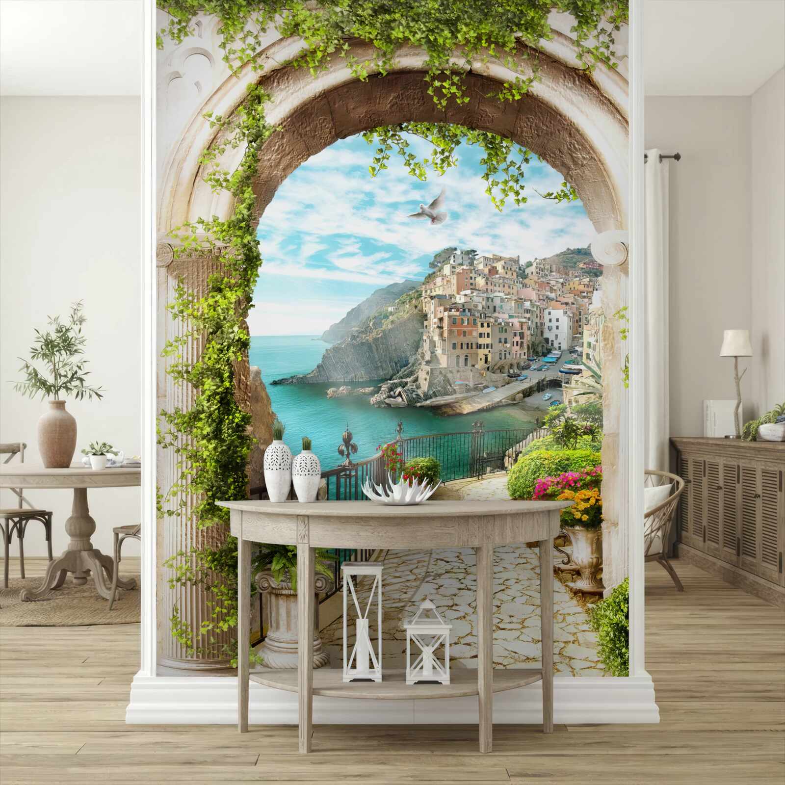 Papier peint maisons sur une falaise au-dessus de l'eau