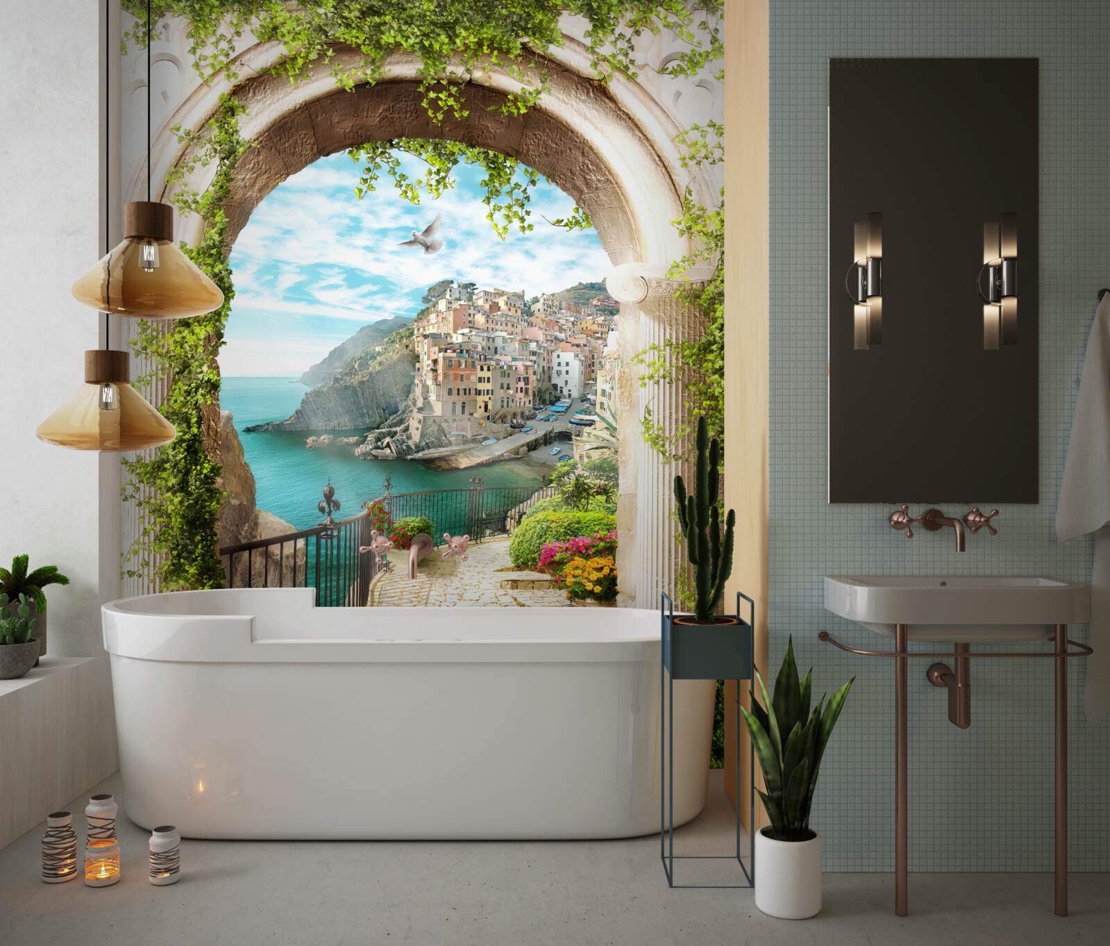 Papier peint maisons sur une falaise au-dessus de l'eau