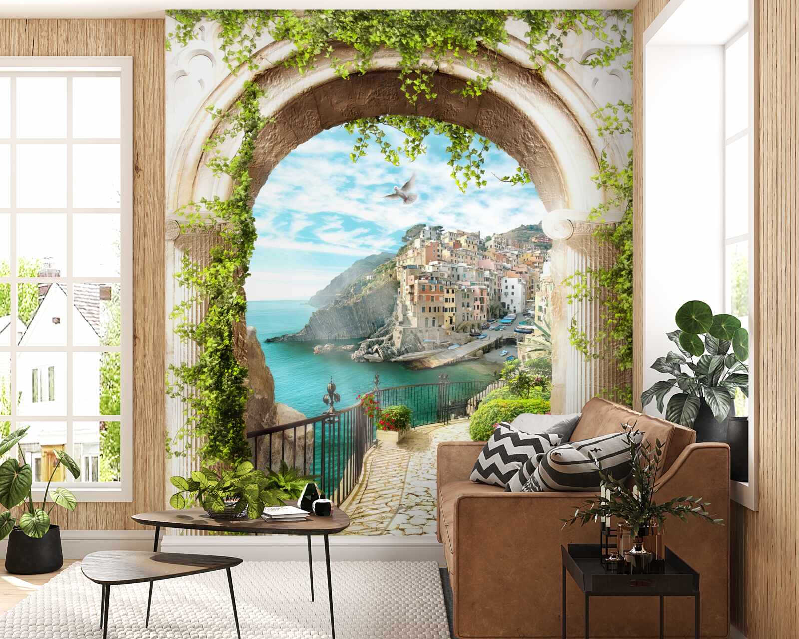 Papier peint maisons sur une falaise au-dessus de l'eau