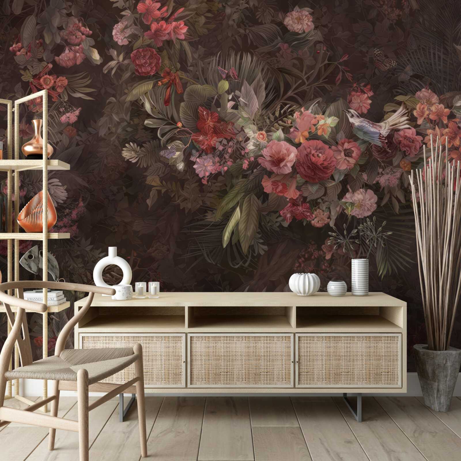 Papier peint jardin sombre avec des fleurs