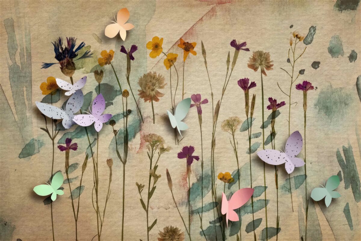 Papier peint grandes fleurs et papillons dans le dessin